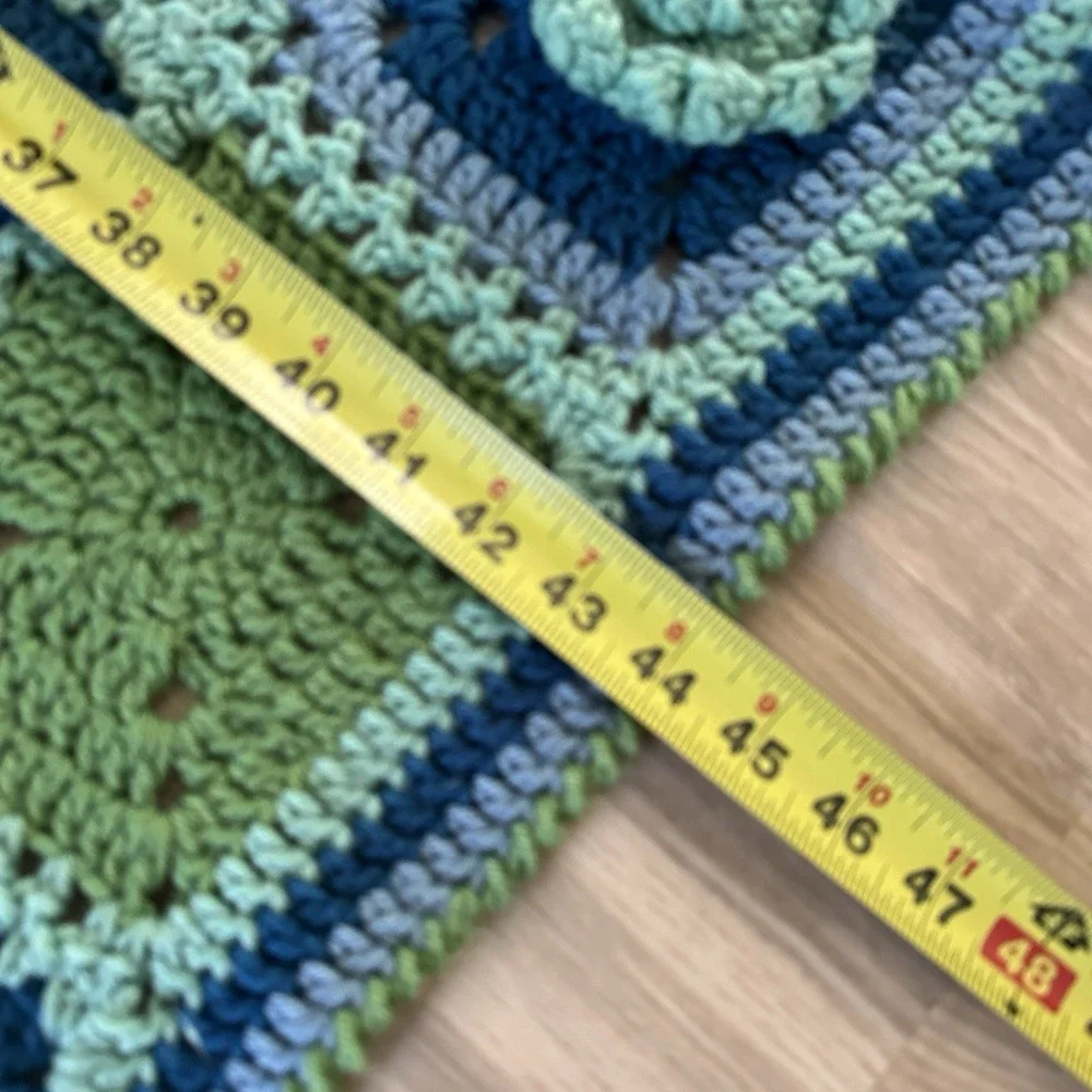Vintage Granny Square Crochet 3D Rose Afghan 58 x 44 Green Blue Throw Cottage